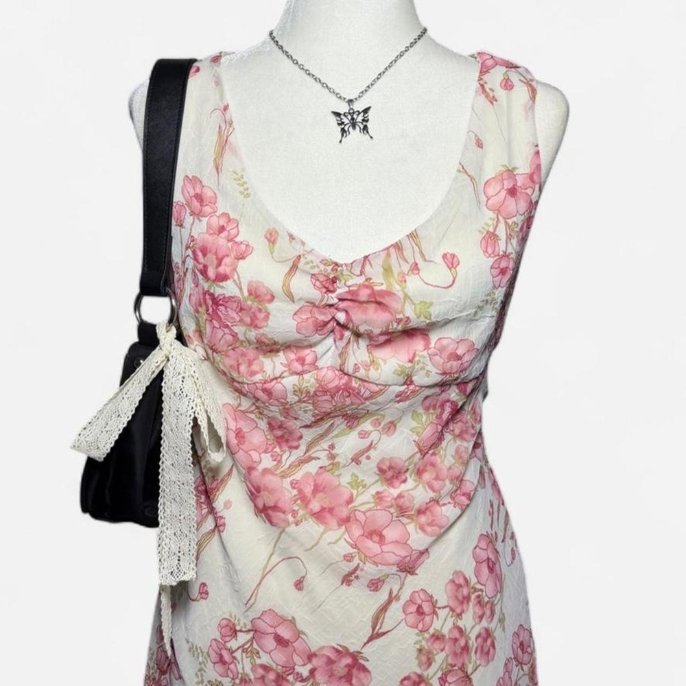 Breakin Loose Vintage 90s Floral Chiffon Midi Dress Pink Cream 13/14